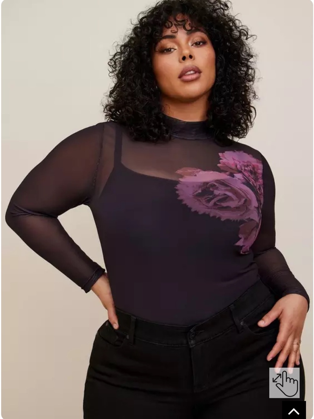 torrid Black Sheer Long-Sleeve Crop Top with Purple Floral Accent